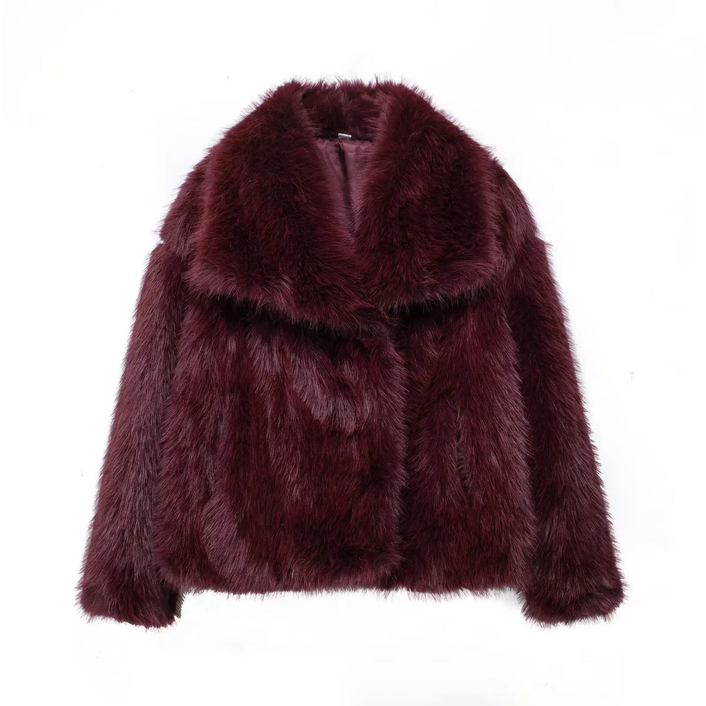 Cropped Faux Fur Jacket for Women – Long Sleeve Snap-Button Lapel Collar Thick Winter Coat