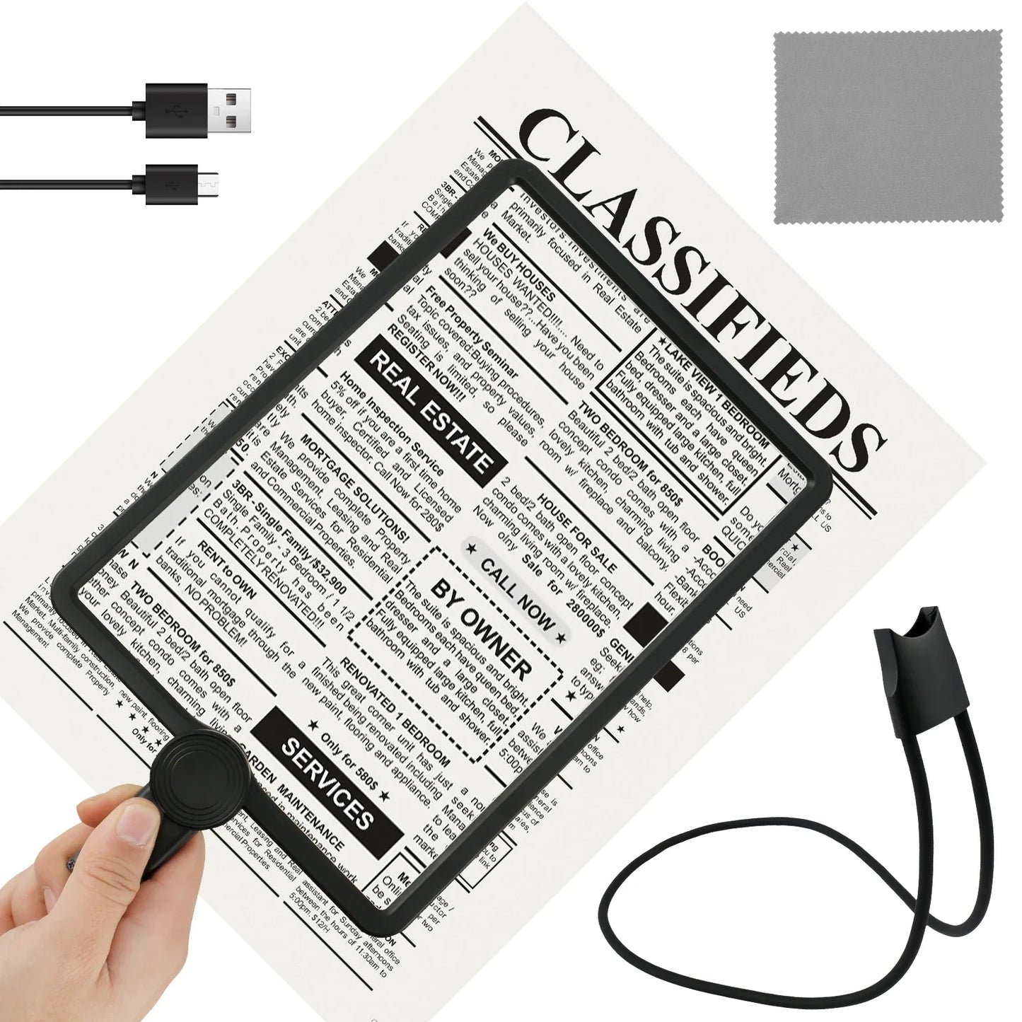 5X Hands-Free Neck Magnifier with LED Light — 9.4×6.5 in (240×170 mm) Large Reading Lens, Dimmable & Rechargeable, 3-in-1 Neck/Handheld/Stand