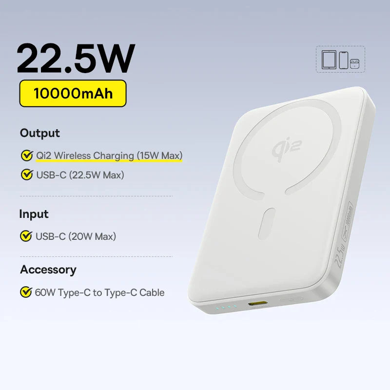 Qi2 Magnetic 10000mAh Power Bank 15W Wireless 22.5W USB-C Fast Charge Magnetic Snap Portable Charger