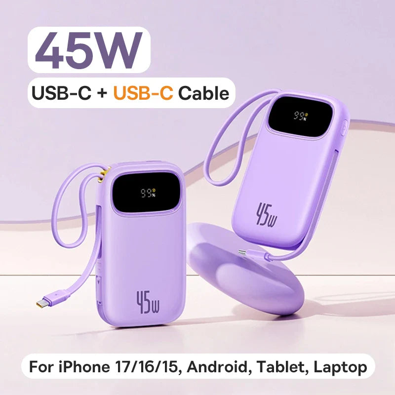 45W Power Bank – 10,000mAh & 20,000mAh Portable Charger with Built-in USB-C + Lightning Cables, USB-A Fast Charge
