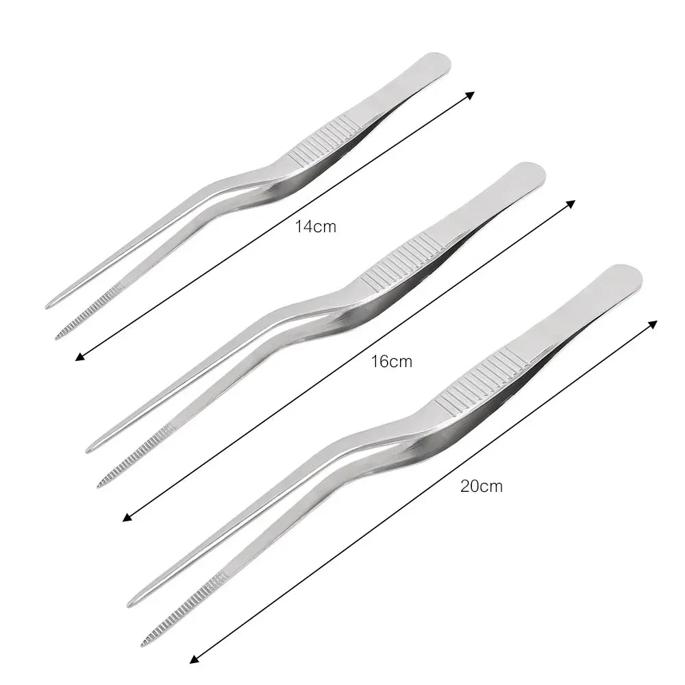 Stainless Steel Kitchen Tweezers & BBQ Tongs, Portable Food Clips — 1 or 3-Pack (14/16/20 cm | 5.5/6.3/7.9 in)