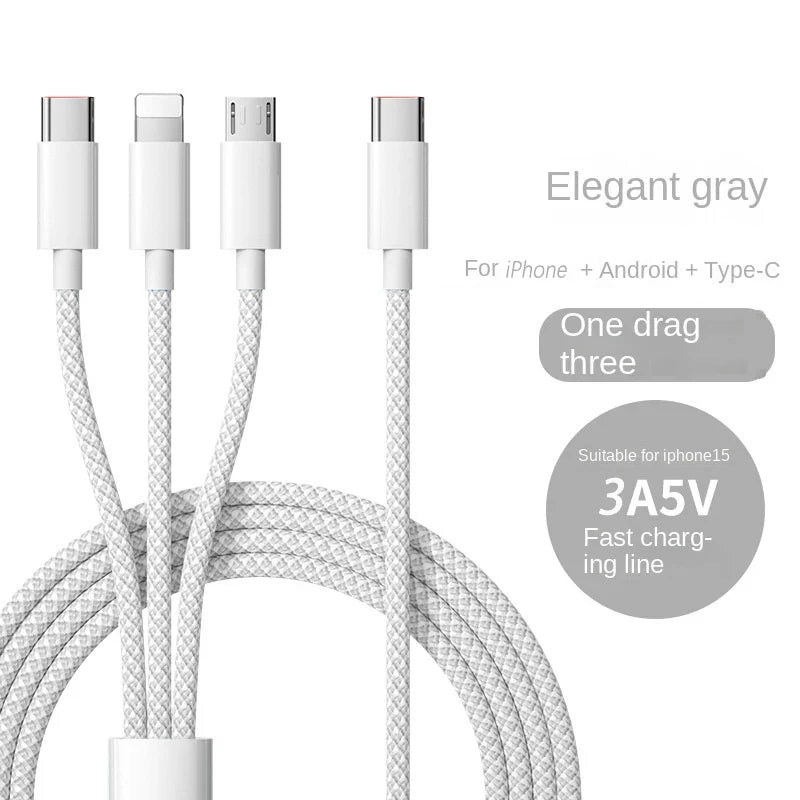 Universal 3-in-1 Fast Charging Cable 100W USB-C Lightning Micro USB Braided 1m/1.5m
