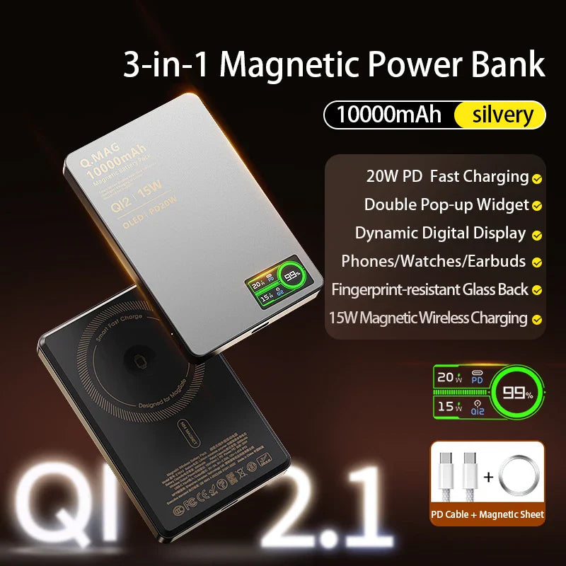 3-in-1 Magnetic Qi 2.1 Wireless Power Bank 10000mAh USB-C 20W PD & 15W Magnetic Charging for Phones, Smartwatch & Earbuds