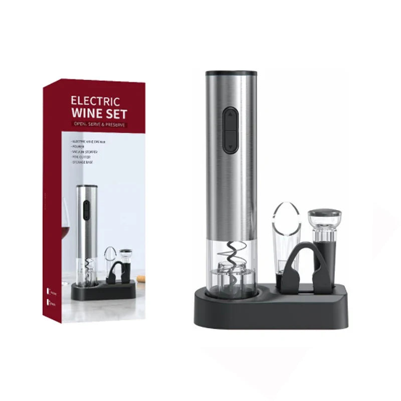 Automatic Electric Wine Bottle Opener 4-in-1 – Battery-Powered Corkscrew with Foil Cutter, Wine Pourer & Vacuum Stopper with Storage Base