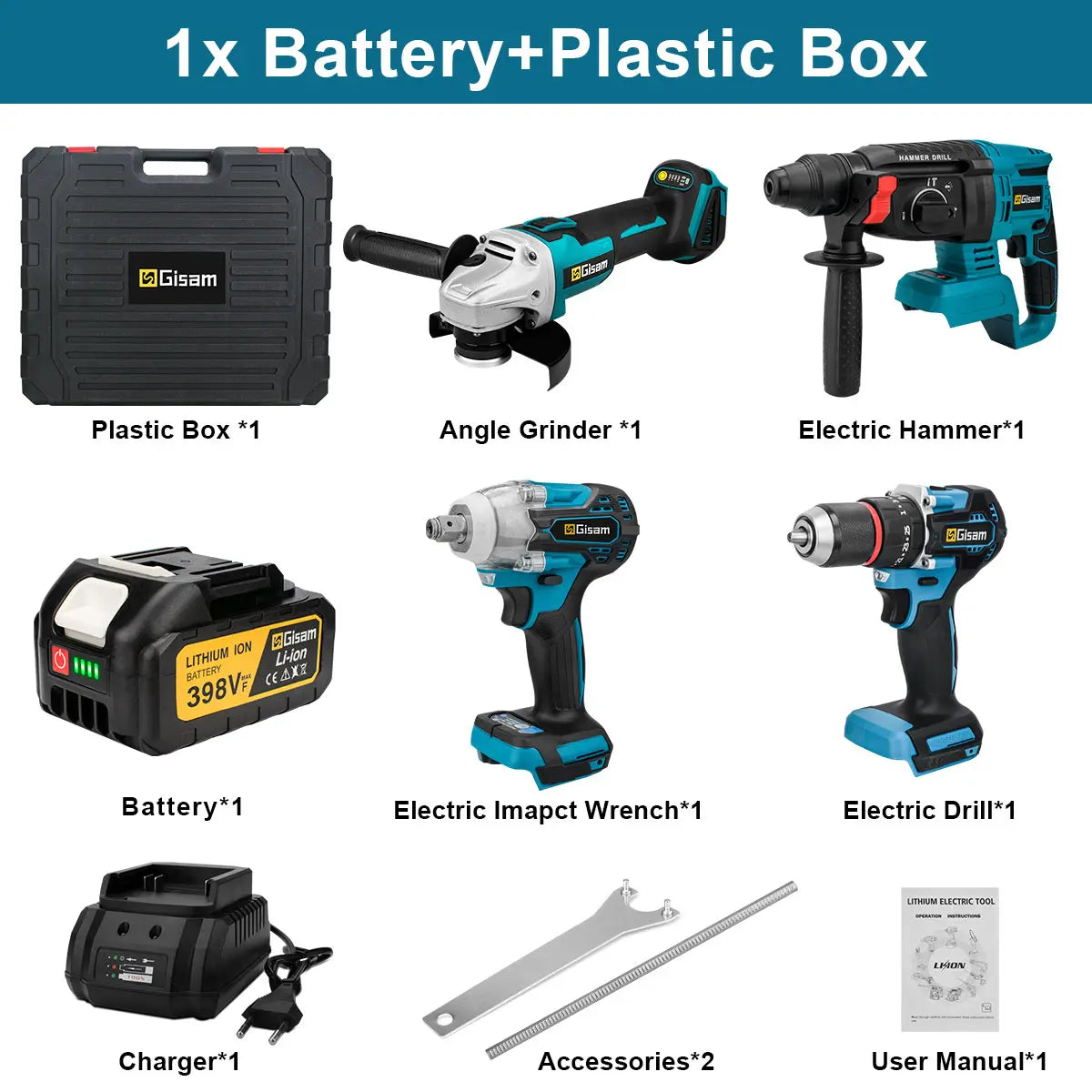 4-in-1 Brushless Cordless Power Tool Kit - Impact Wrench, Drill, Angle Grinder & Hammer - 18V Battery Pin Compatible