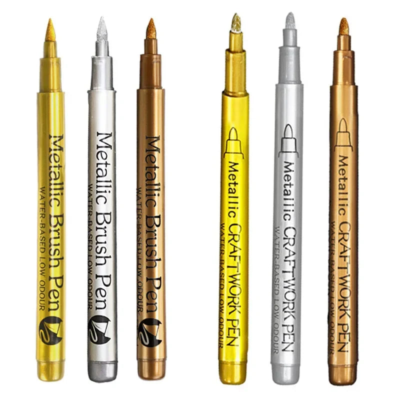 6-Pack Brush Tip Metallic Paint Markers – Metallic Gold & Silver Permanent Paint Pens for Manga, Crafts & Scrapbooking
