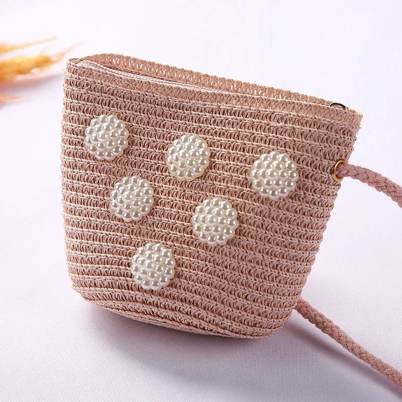 Girls Daisy Straw Mini Messenger Bag, Kids Shoulder Handbag with Coin Purse