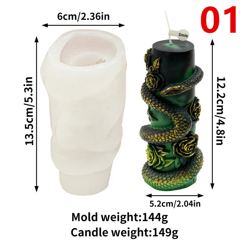 Snake Silicone Candle Mold - Column Candlestick Mold with Coiled Snake, Egg & Rose Relief for DIY Candles & Gypsum Decor