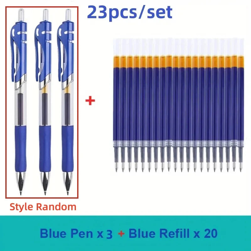 23-Piece Retractable 0.5mm Ballpoint Pen Set - 3 Pens + 20 Refills, Black/Blue/Red, Refillable Quick-Dry Ink