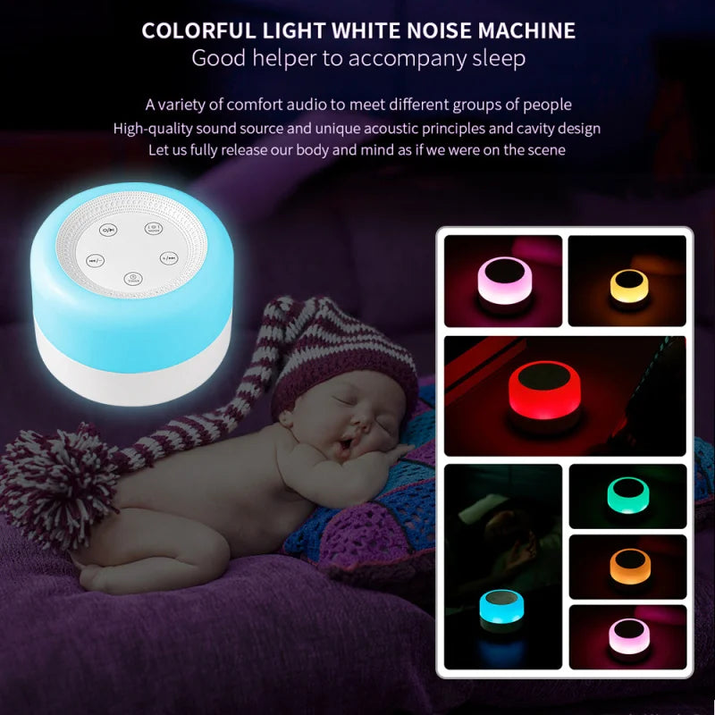 Portable White Noise Machine with Night Light – 12 Soothing Sounds, 7 Color Lights, Timer & Rechargeable Battery for Baby Sleep