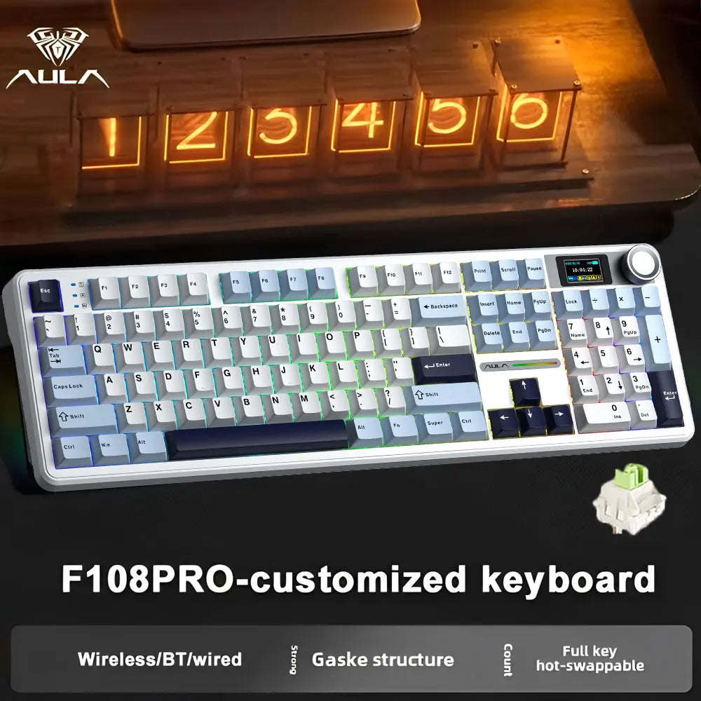 Mechanical Gaming Keyboard — Tri-Mode Bluetooth/2.4G/Wired, Hot-Swappable 108-Key, RGB, 1.14" (29 mm) TFT Smart Display, Multi-Function Knob, 8000mAh Battery, PBT Keycaps