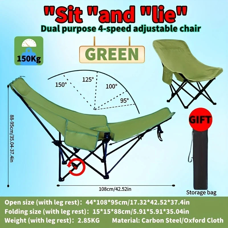 4-Position Folding Camping Chair with Footrest, Portable Adjustable Outdoor Chair for Beach Fishing Picnic Travel