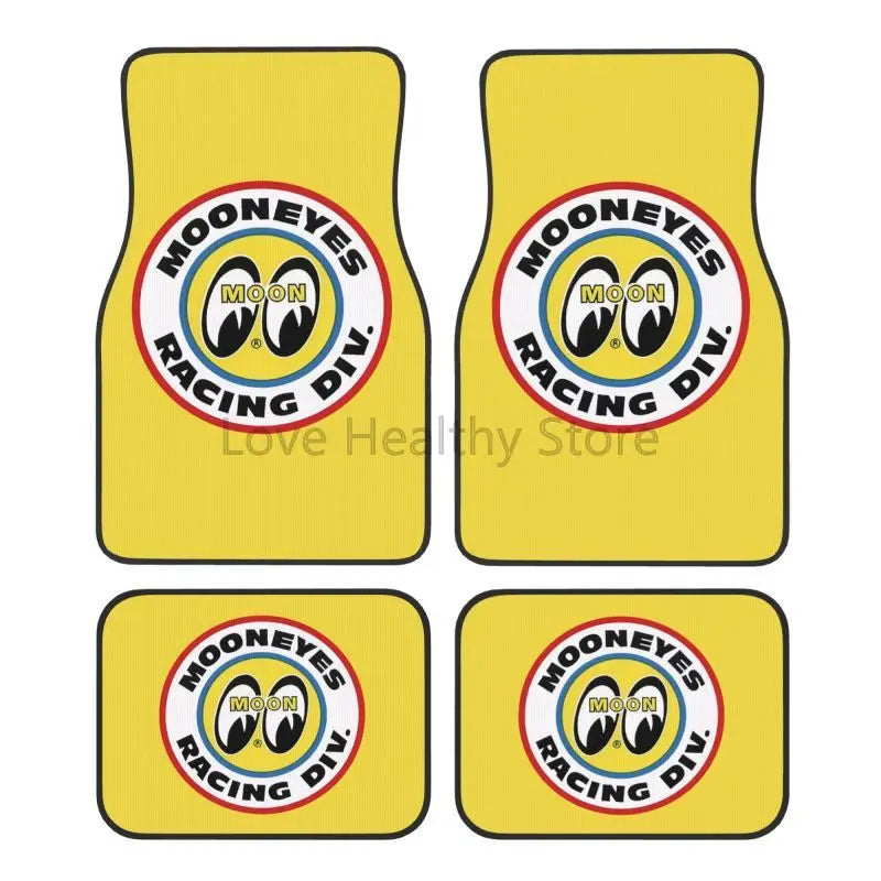 Moon Eyes Motorcycle Racing 4-Piece Car Floor Mats – Front 17.3×27 in (43.9×68.6 cm) & Rear 17.3×13.4 in (43.9×34.0 cm) Neoprene Rubber-Back All-Weather Mats