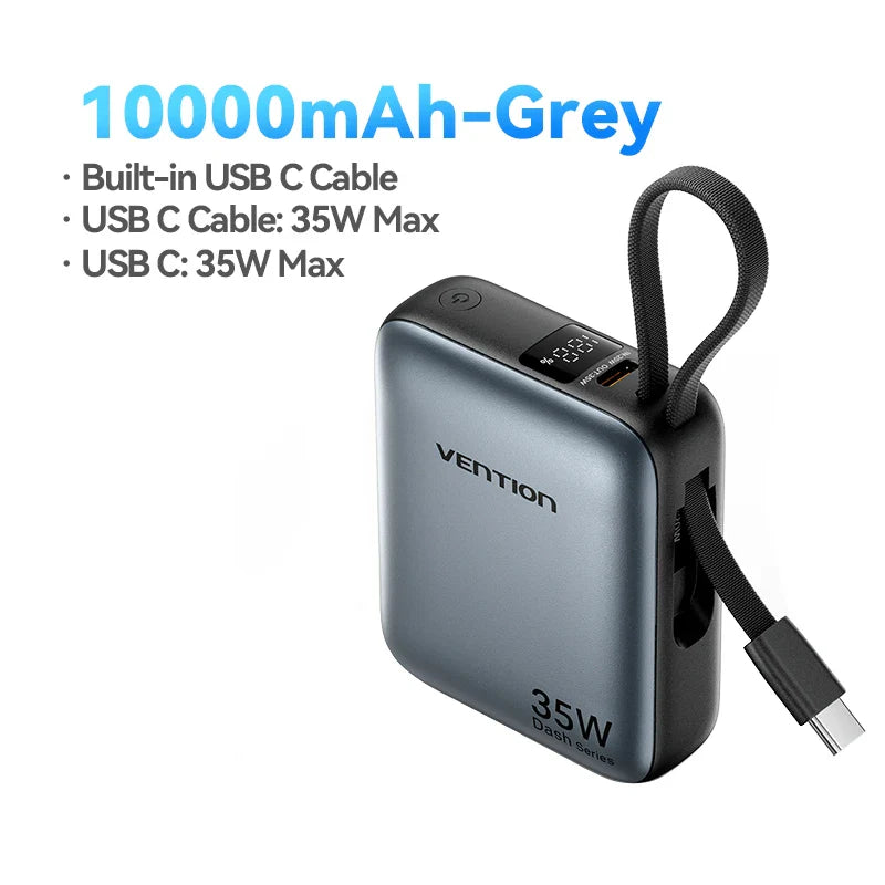 35W 10000mAh Mini Power Bank PD Fast Charge with Built-in USB-C Cable, LED Display, Dual-Port Portable Charger