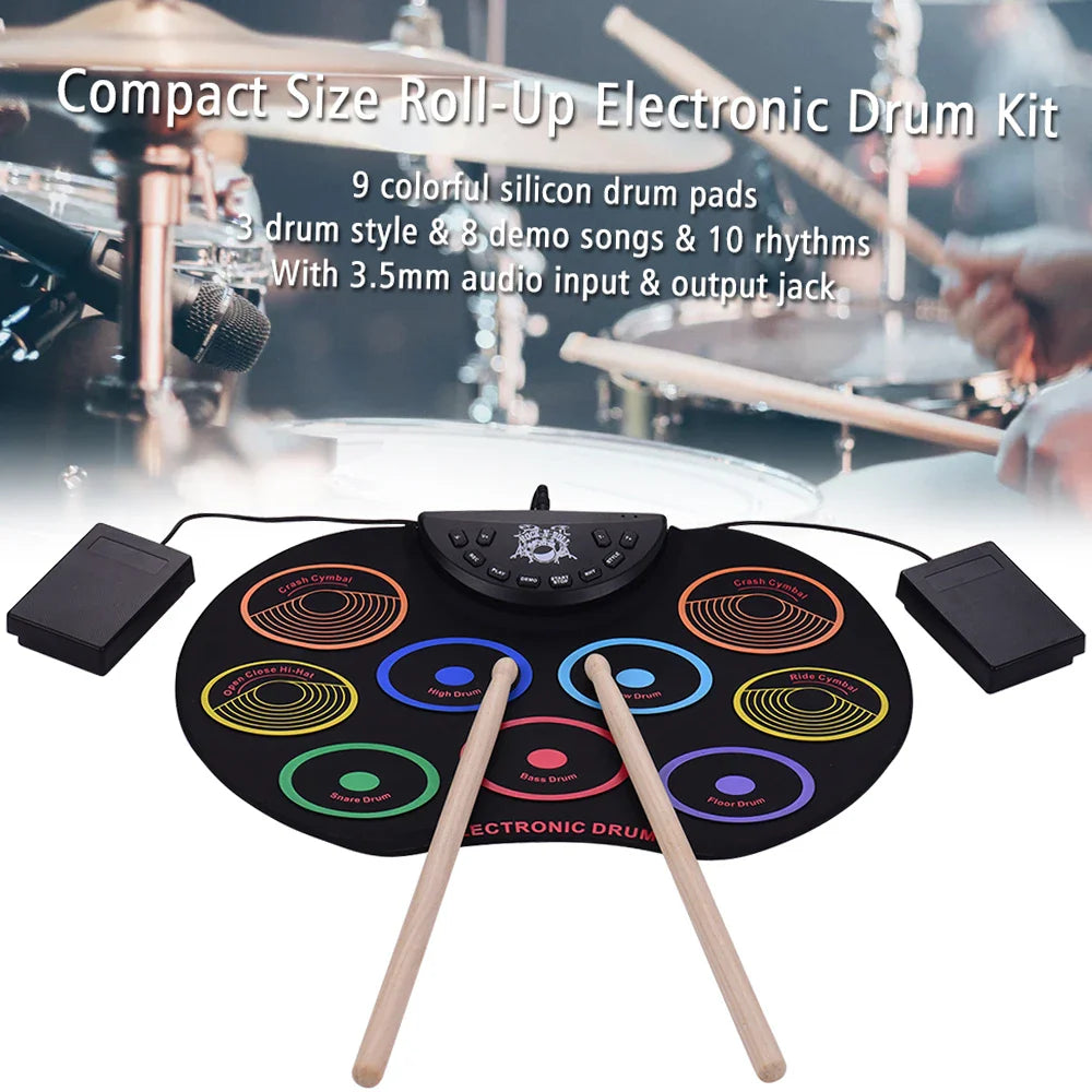 Portable Roll-Up Electronic Drum Kit - 9 Silicone Pads USB/Battery Powered with Drumsticks & Foot Pedal