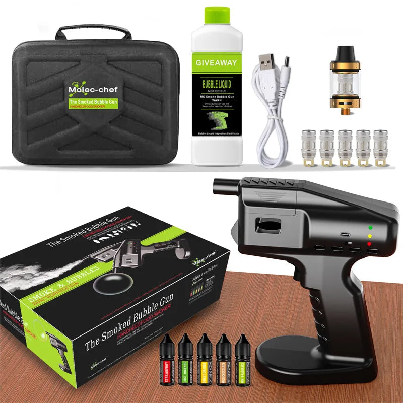 Cocktail Smoker & Smoke Bubble Gun Kit — Rechargeable Bartender Tool with Aroma Vials, Smoke Bubble Liquid & Travel Bag