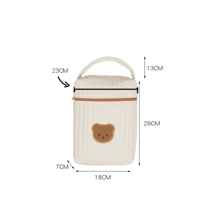 Cotton Bear Print Diaper Bag for Mom - Beige Maternity Nappy Organizer Tote with Zipper