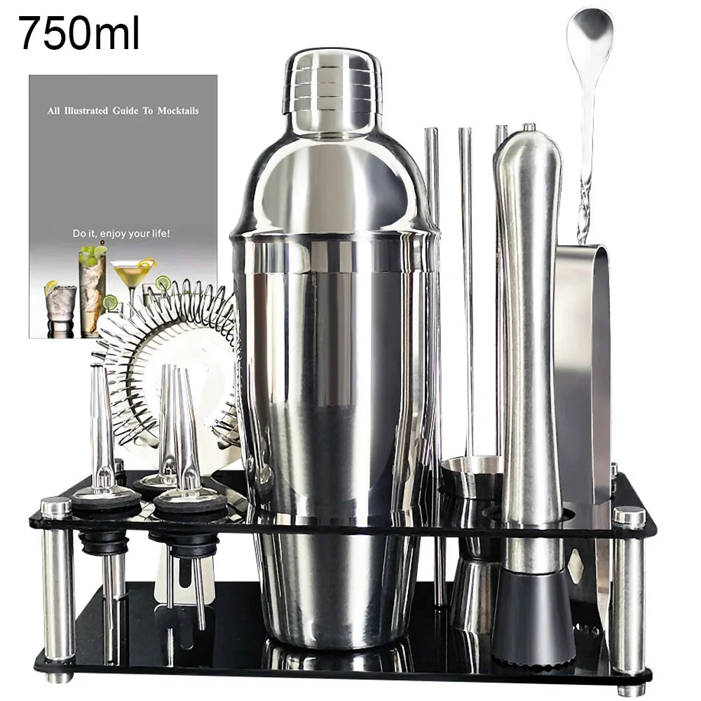 13-22 Pc Boston Cocktail Bar Tool Set – Stainless Steel Shakers 750ml/600ml with Acrylic Holder