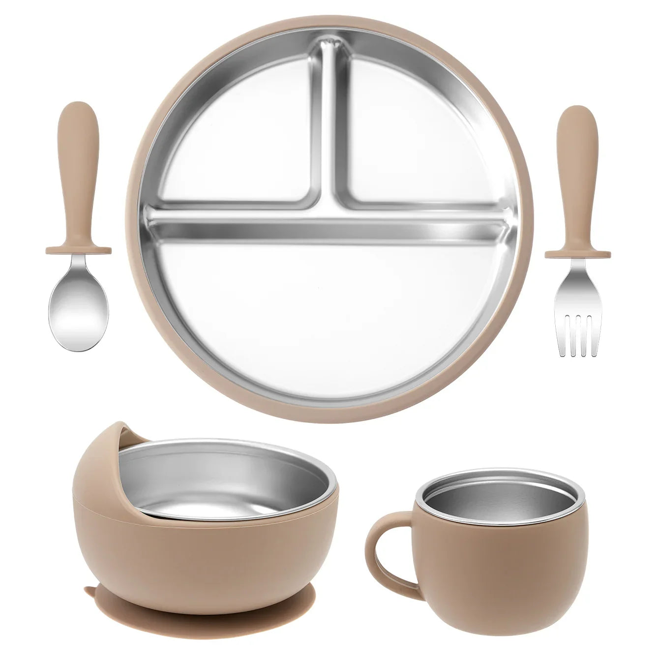 5-Piece Baby Feeding Set — Stainless Steel Plates & Utensils with Detachable Silicone Suction Bowl, BPA-Free Infant Fork Spoon Cup