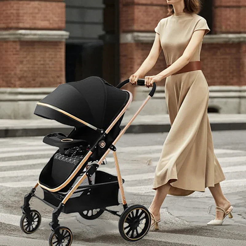 3-in-1 Luxury Baby Stroller Foldable Portable Travel Stroller with Aluminum Frame Reversible Lay-Flat Seat for Newborn