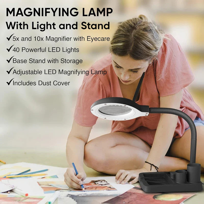 5X/10X Illuminated Magnifying Lamp 100mm (3.94 in) Lens, 40 LED Desk Magnifier for Reading, Jewelry & Electronics