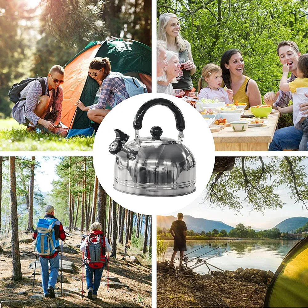 2L (68 fl oz) Stainless Steel Whistling Kettle – Portable Camping Teapot & Coffee Pot with Folding Handle