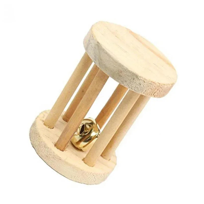 Wooden Pine Chew Roller Toy for Rabbits, Guinea Pigs & Rats - Dumbbell Unicycle Bell for Small Pets
