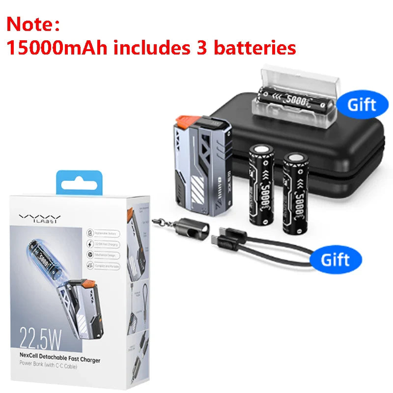 Replaceable Power Bank 10,000–40,000mAh | 22.5W Fast Charge External Battery Pack with Built-in Cable & USB-C