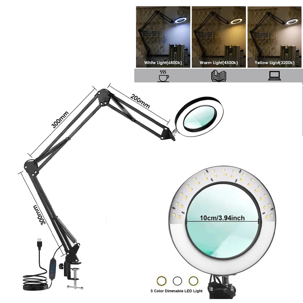 72-LED 8X/10X USB Illuminated Magnifying Glass Lamp - 4.2 in (106 mm) Lens, 3-Color Dimmable LED, Adjustable Arm & Clamp for Soldering, Crafts, Skincare
