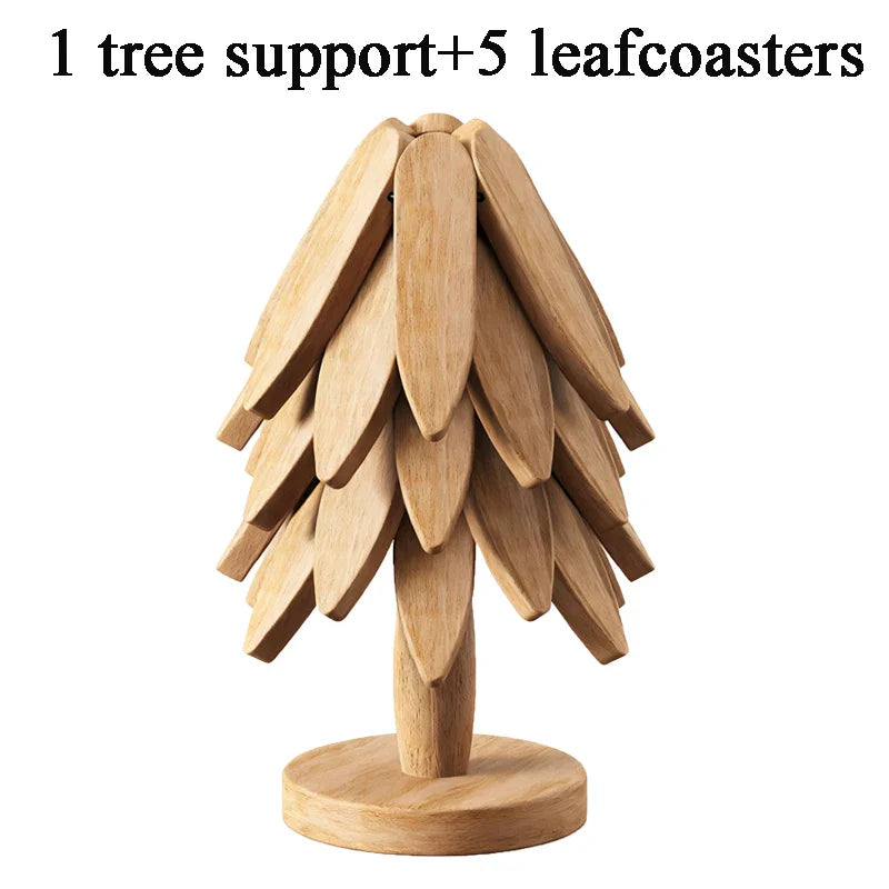 Tree-Shaped Wooden Trivet Set – 4 Foldable Trivets + Stand | Natural Wood Hot Pads for Pots, Teapots & Bowls