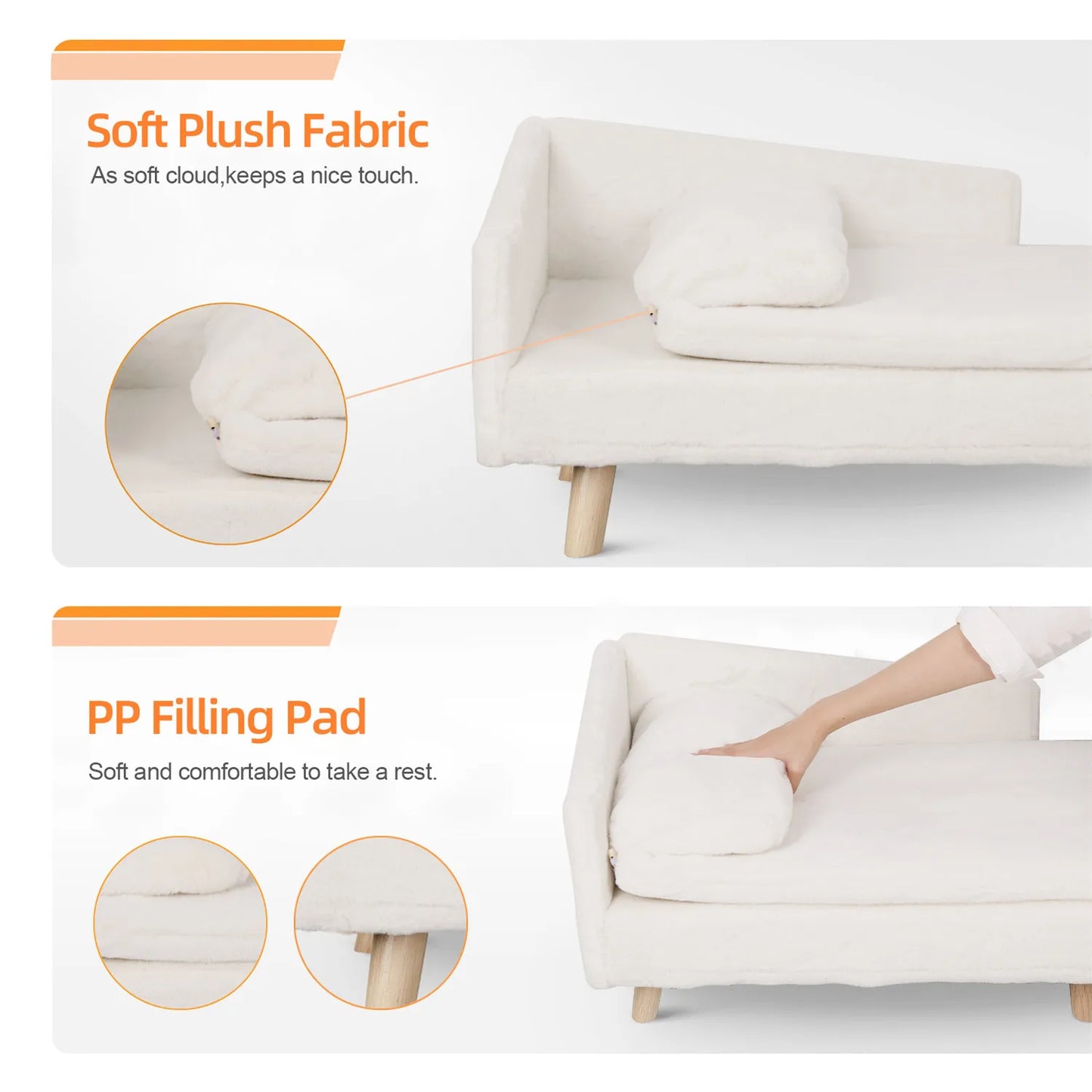 Elevated Nordic Pet Sofa Bed for Small Dogs & Kittens – Waterproof Plush Liner, Sturdy Wood Legs, Small & Large (27.5×15.7×15.3 in / 70×40×39 cm, 31.4×19.6×15.3 in / 80×50×39 cm)