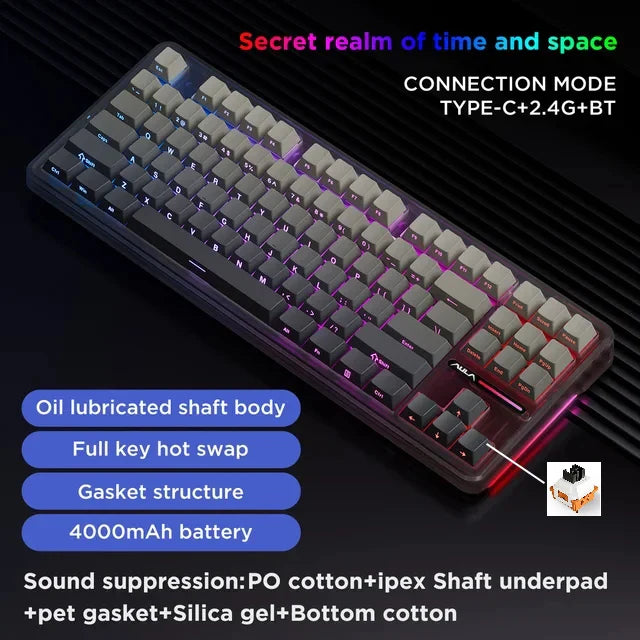 87-Key Tri-Mode Mechanical Keyboard - 2.4G USB Bluetooth, RGB PBT Keycaps, Hot-Swappable Gasket Design, 4000mAh Battery