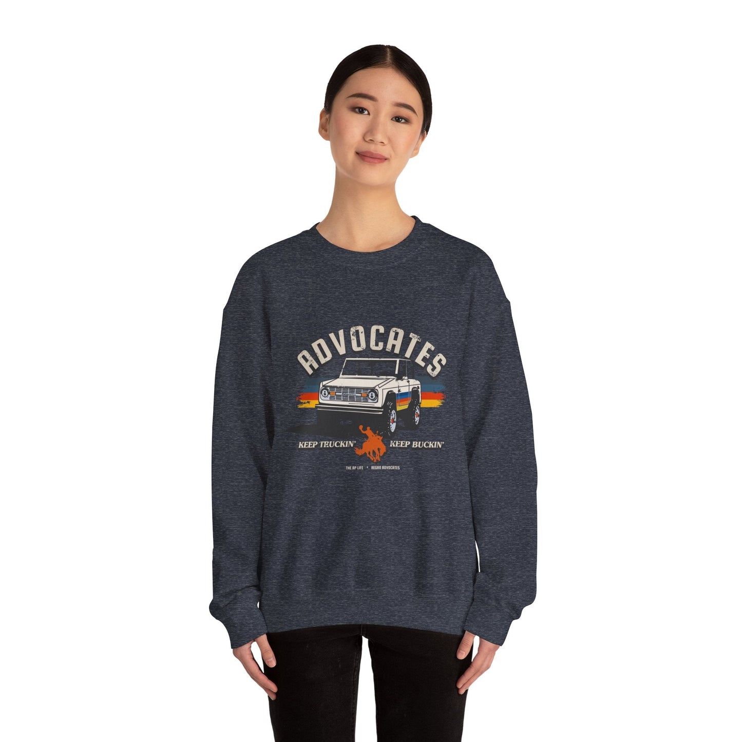 Advocates Keep Truckin', Keep Buckin' - Retro Bronco Truck - Unisex Heavy Blend™ Crewneck Sweatshirt