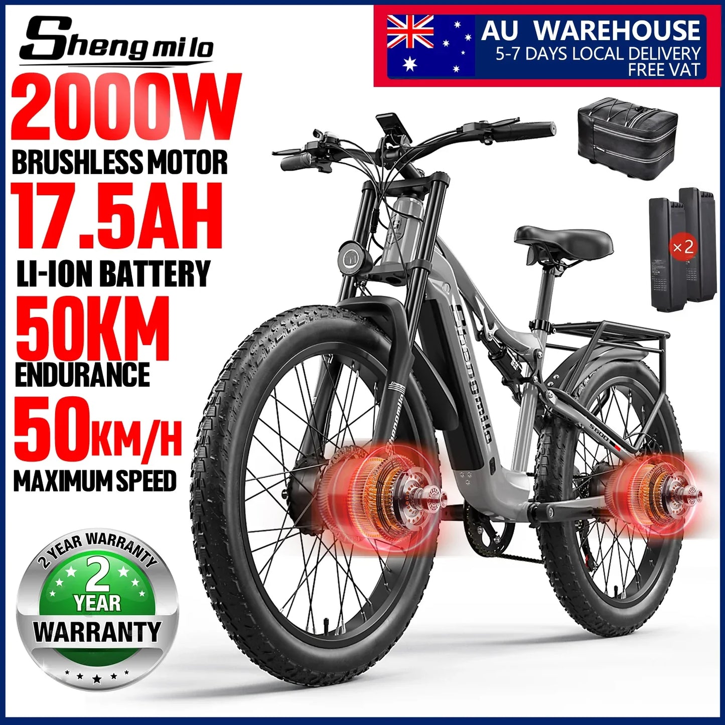 26-Inch 2000W Dual Motor Electric Mountain Bike, 7-Speed Fat Tire E-Bike, 48V 17.5Ah Removable Battery