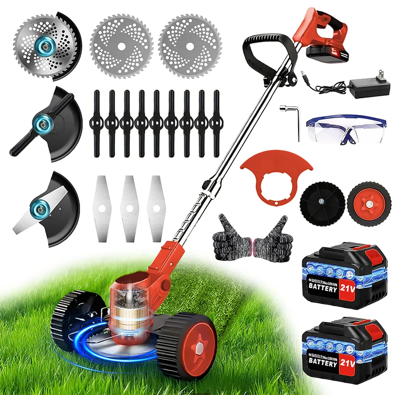 Cordless Electric Riding Lawn Mower and Weed Trimmer for Gardens & Courtyards