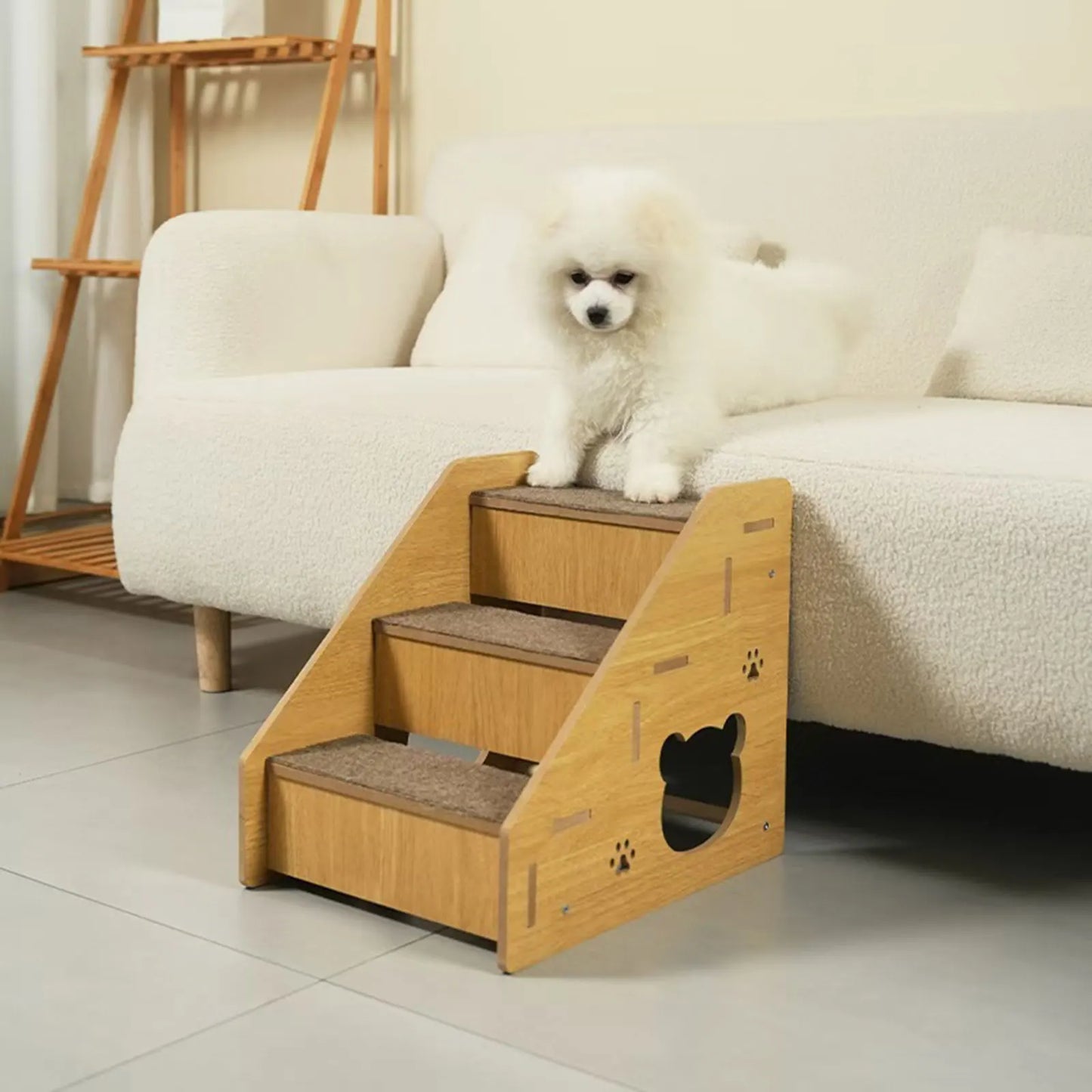 3-Step Wooden Pet Stairs with Non-Slip Carpet Ramp for Small Dogs & Cats to Reach Beds and Couches