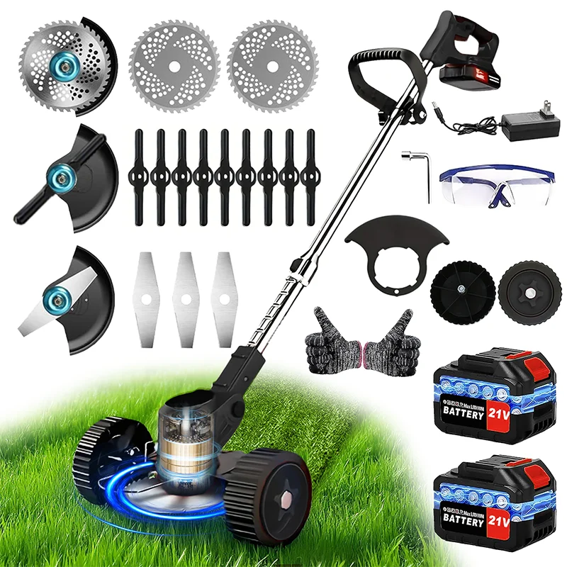 Cordless Electric Riding Lawn Mower and Weed Trimmer for Gardens & Courtyards