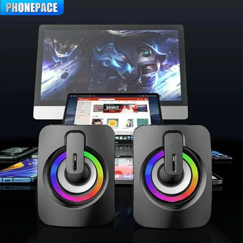 USB & 3.5mm Stereo Computer Speakers with Microphone and LED Lights - Compact HiFi Desktop PC Laptop Speakers