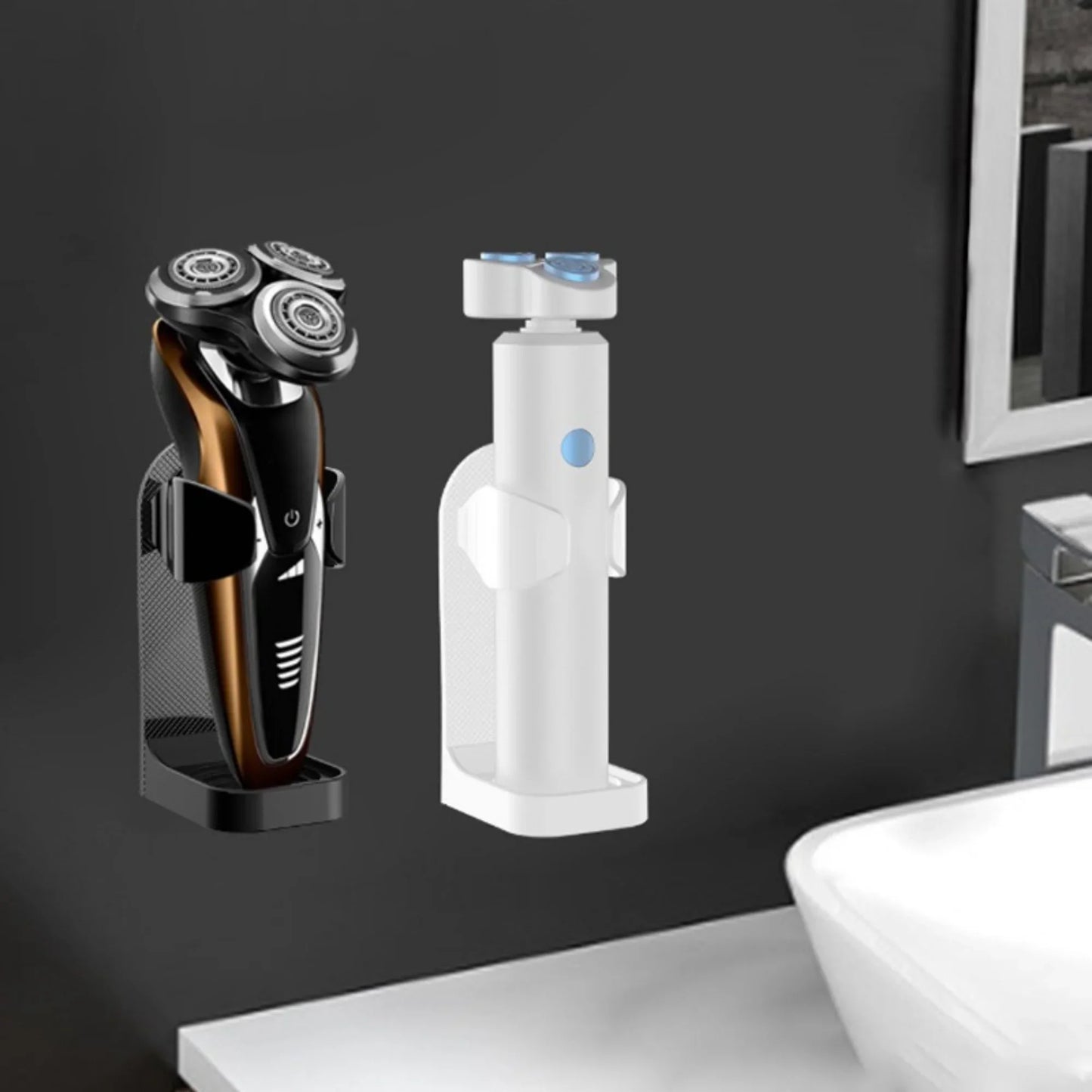 Self-Adhesive Wall-Mounted Shaver & Electric Toothbrush Holder – Razor Storage Rack (White/Black)