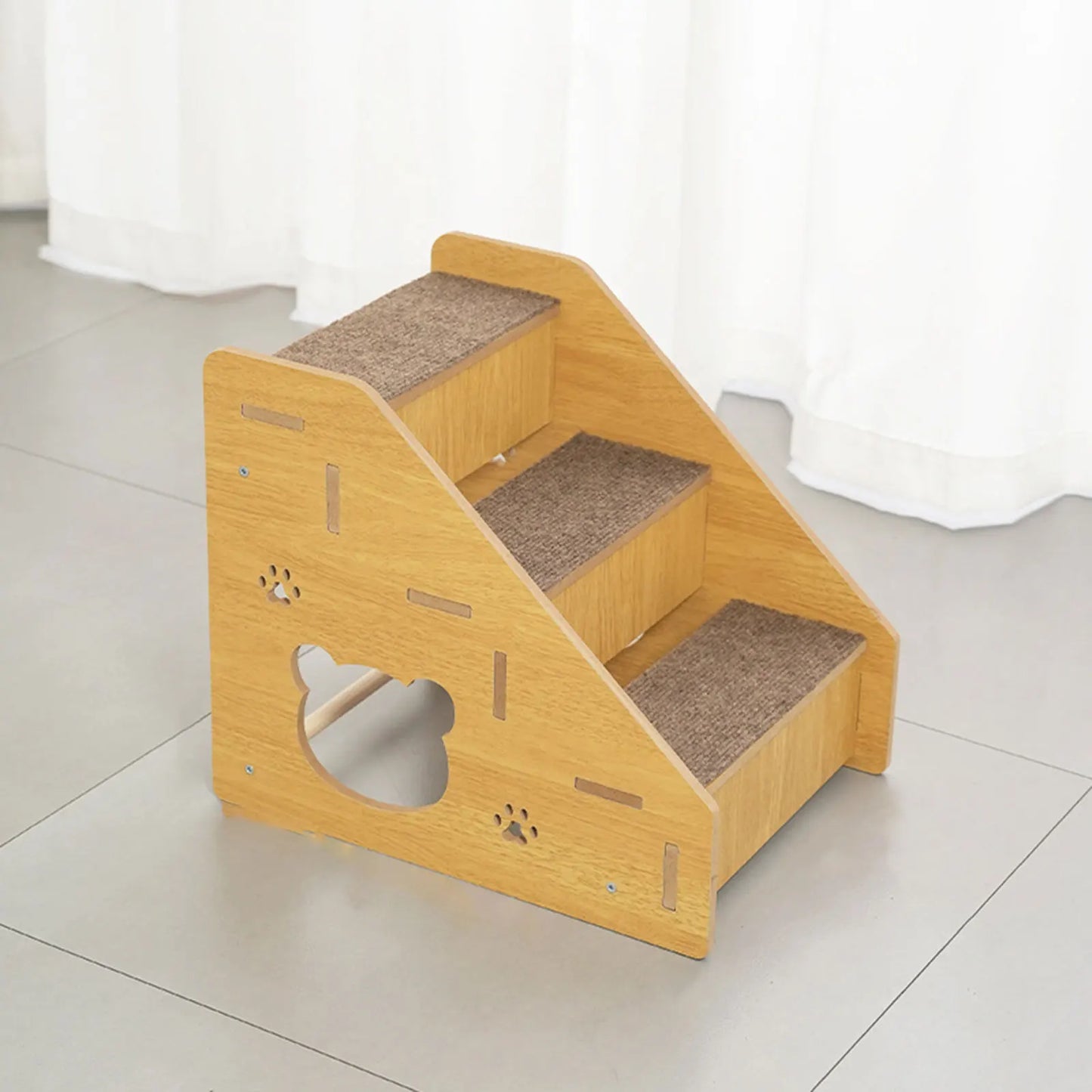 3-Step Wooden Pet Stairs with Non-Slip Carpet Ramp for Small Dogs & Cats to Reach Beds and Couches