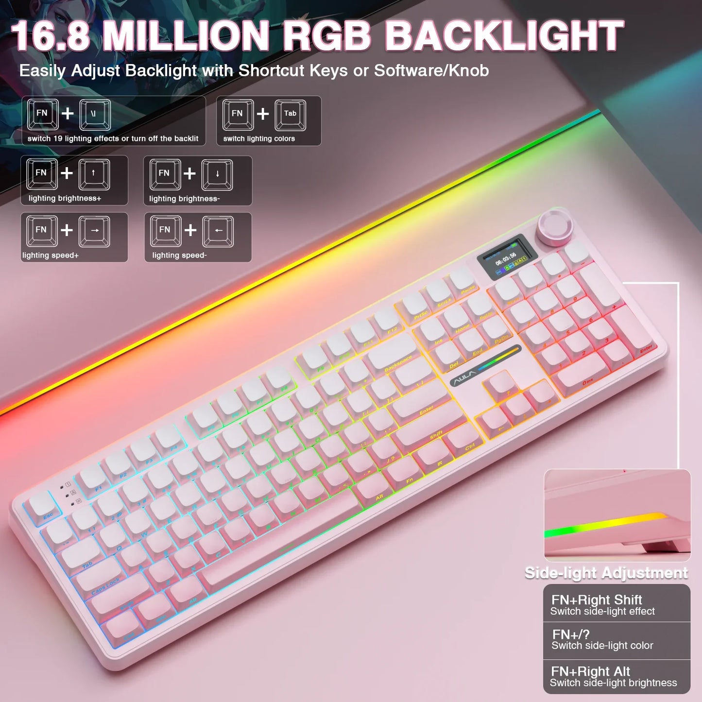 Wireless Bluetooth Mechanical Keyboard 108-Key — Gasket Mount, Hot-Swappable Full-Size with TFT Smart Display, RGB (USB-C, 2.4G, Bluetooth)
