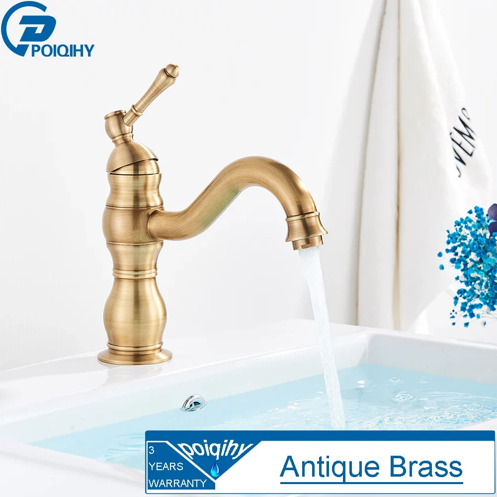 Antique Brass Vessel Sink Faucet Deck-Mounted Single-Hole Bathroom Basin Mixer Tap, Single Handle, Hot & Cold
