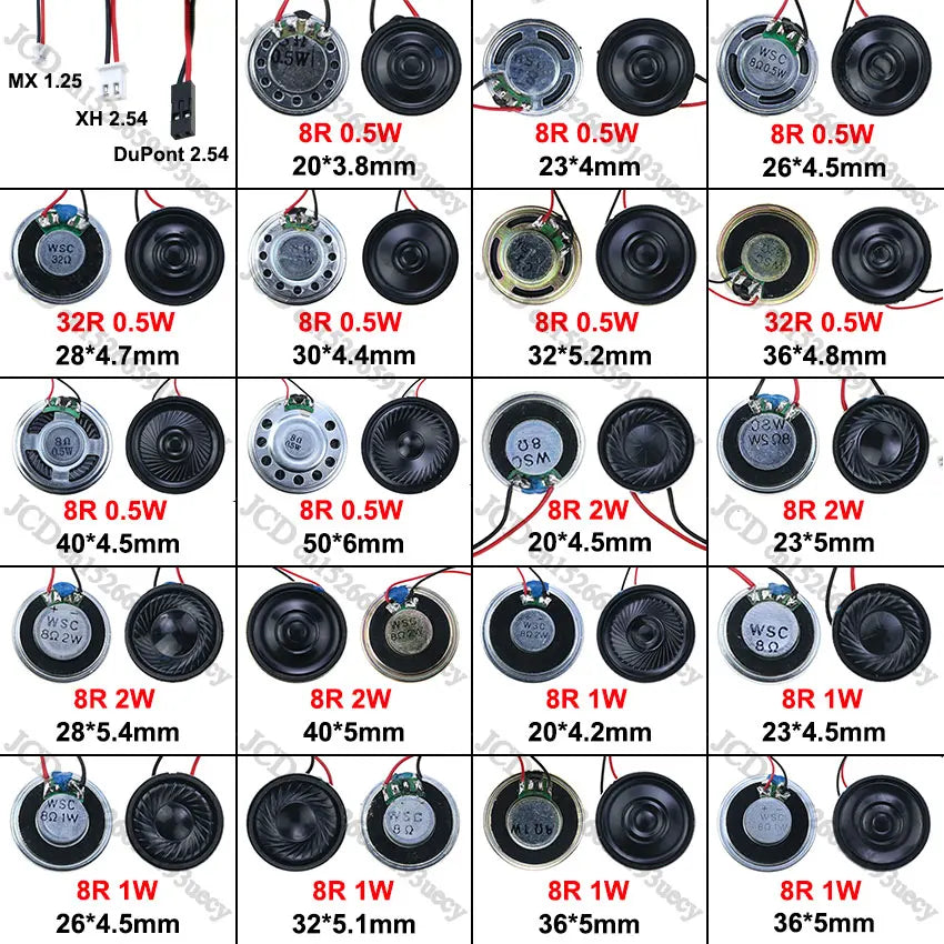 2-Pack Ultra-Thin Mini Speakers 8Ω & 32Ω | 0.5–2W | Multiple Diameters 20–50 mm (0.79–1.97 in) | MX/XH DuPont 1.25/2.54mm Terminal