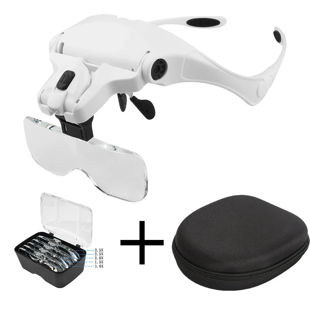 LED Headband Reading Magnifier with 5 Interchangeable Lenses (1.0x–3.5x), 2 LED Lights, Adjustable Headband & Glasses Frame