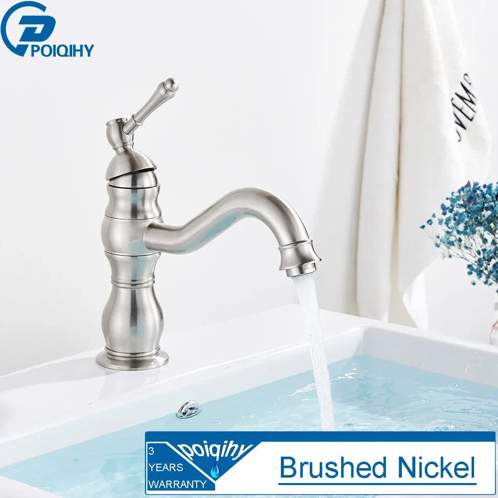 Antique Brass Vessel Sink Faucet Deck-Mounted Single-Hole Bathroom Basin Mixer Tap, Single Handle, Hot & Cold
