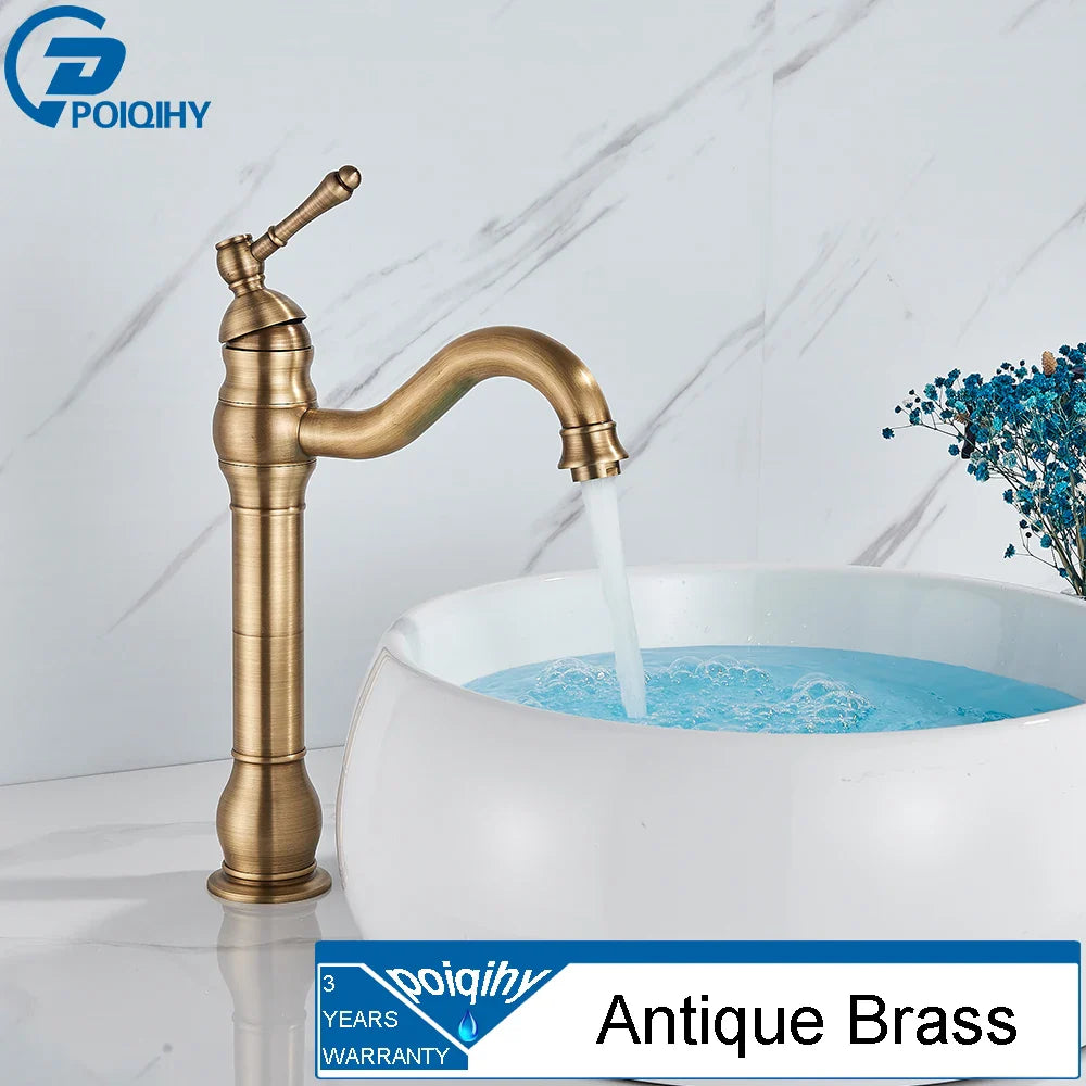Antique Brass Vessel Sink Faucet Deck-Mounted Single Hole Hot & Cold Mixer Tap for Bathroom