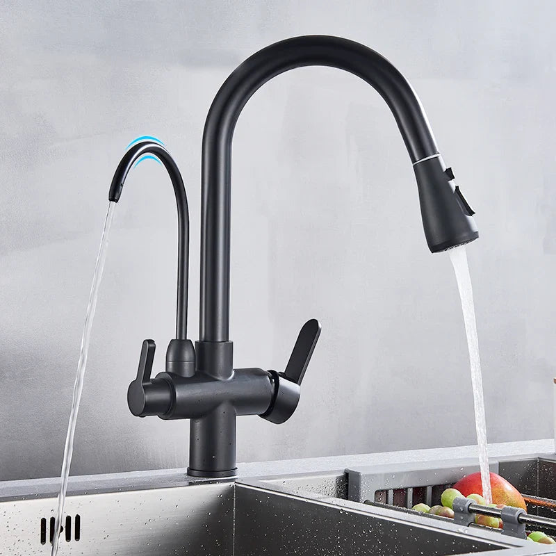 Black 360° Rotating Kitchen Faucet with Pull-Out Sprayer – 3-Way Filtered Hot & Cold Mixer Tap