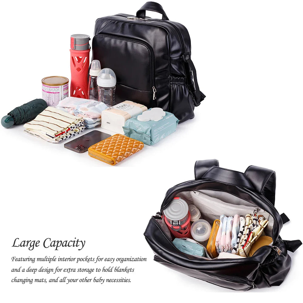 Waterproof Black Leather Diaper Bag Backpack – 24L Large Capacity Nursing Changing Bag with Zipper & Stroller Straps