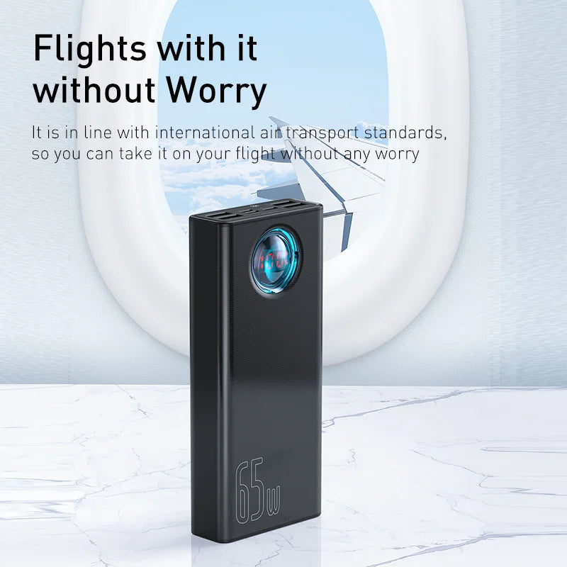 65W 30000mAh USB-C Power Bank PD Quick Charge Portable Charger with Digital Display & Built-in Cables for Smartphone and Laptop