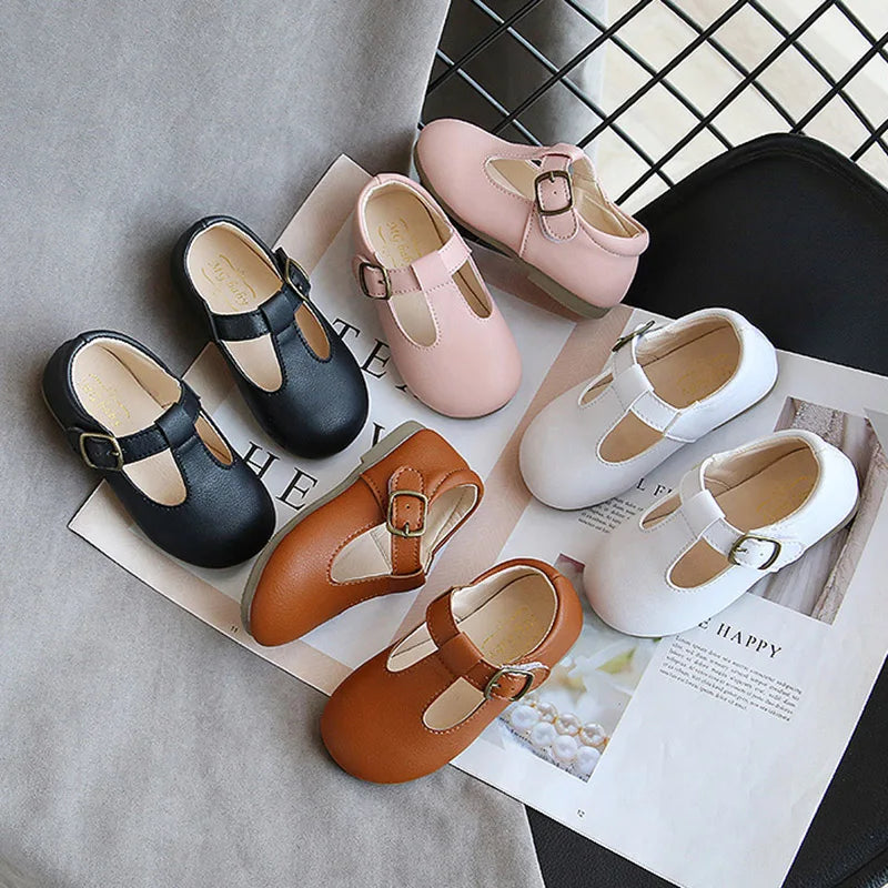 Spring and Autumn Kids T-Strap PU Leather Mary Jane Shoes Non-Slip Buckle Flats for Toddlers Girls and Boys